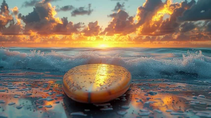Fotobehang Surfboard on the beach at sunset © Aliaksandra