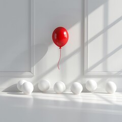 Create a 3D rendering of a scene where one red balloon floats away from a collection of white balloons against a white wall, with detailed window reflections and shadows adding, AI Generative