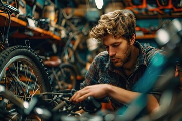 Dedicated Young Mechanic Fine-Tuning a Bicycle in a Well-Equipped Workshop, Surrounded by Tools and Spare Parts,