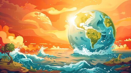 Climate Change Awareness Design a vector illustration highlighting the impacts of climate change, such as melting ice caps, rising sea levels, and extreme weather events, to raise awareness and promot