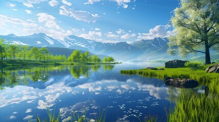  A serene lake reflecting the vibrant colors of the spring sky. . 
 - obrazy, fototapety, plakaty