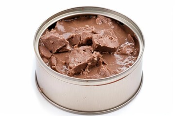 Opened canned pate isolated on white background