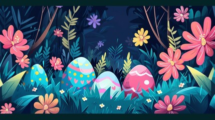 Easter Egg Hunt Design a vector thumbnail for an Easter egg hunt event, with colorful Easter eggs hidden among spring flowers, grass, and foliage, waiting to be discovered by excited children - obrazy, fototapety, plakaty