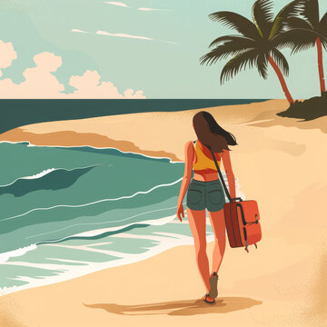 illustration Young woman travelling alone on beach vacation