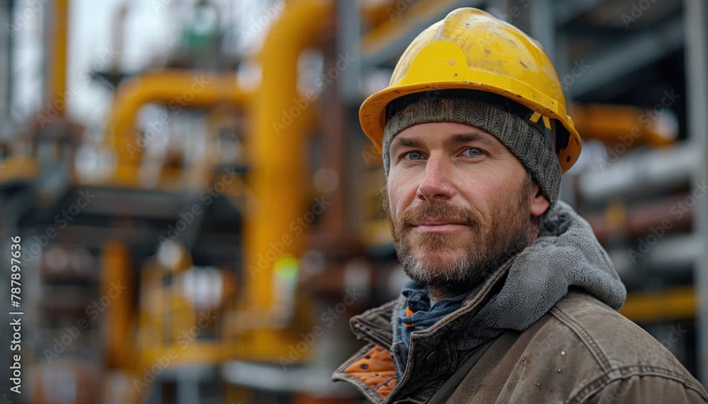 Poster an engineer with a beard wearing a hard hat stands in front of a factory