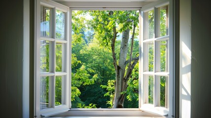 A refreshing view through an open double window revealing a dense, vibrant forest bathed in sunlight, invoking a sense of peace and connection with nature.