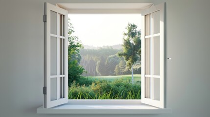 A refreshing view through an open double window revealing a dense, vibrant forest bathed in sunlight, invoking a sense of peace and connection with nature. © TalehKron