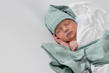 Newborn baby sleeping. Happy family kid dream concept. Cute lifestyle newborn baby sleeping
