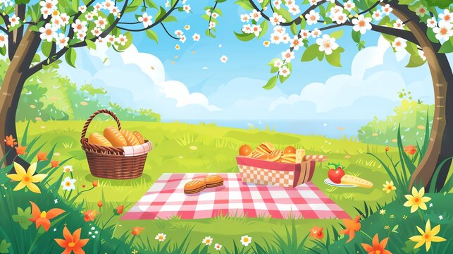 Springtime Picnic Create a vector illustration of a springtime picnic in the park, with a checkered blanket spread out on the grass, a picnic basket filled with delicious treats, and blooming flowers