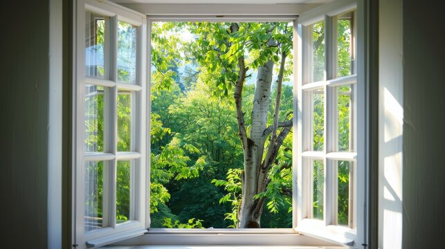 Fototapeta A refreshing view through an open double window revealing a dense, vibrant forest bathed in sunlight, invoking a sense of peace and connection with nature.
