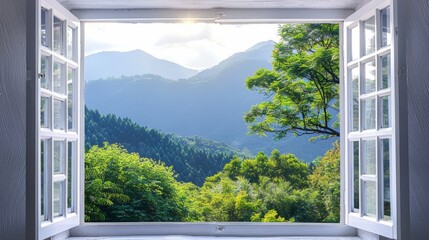 A refreshing view through an open double window revealing a dense, vibrant forest bathed in sunlight, invoking a sense of peace and connection with nature. © TalehKron