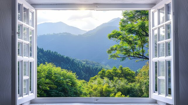 Fototapeta A refreshing view through an open double window revealing a dense, vibrant forest bathed in sunlight, invoking a sense of peace and connection with nature.
