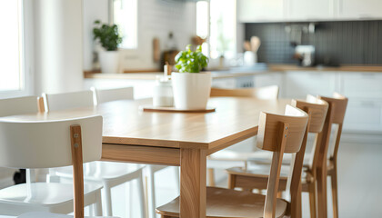 Fototapeta na wymiar Clean dining table and chairs in interior of kitchen