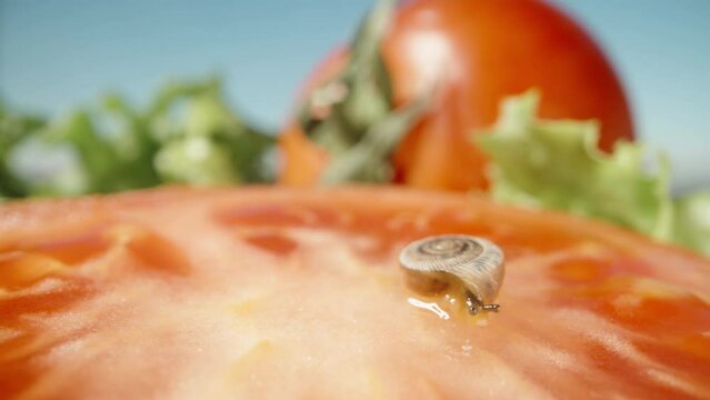 Tiny Snail on a Tomato Slice with Lettuce Background