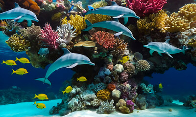 "Oceanic Kaleidoscope: Enchanting 4K Scene of Underwater Wonderland with Dolphins and Seahorses"