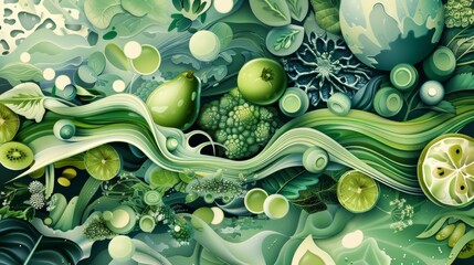 A playful array of green-toned fruits, vegetables, and nature elements in a flowing abstract design