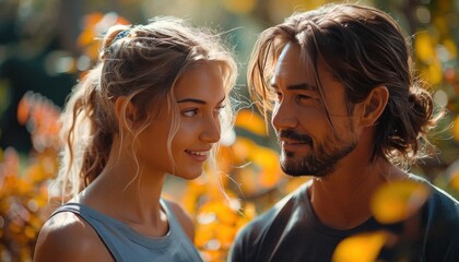 a man and a woman are looking at each other in a field of flowers