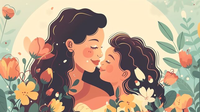 Mothers Day Portrait Create a vector thumbnail of a heartwarming mother and child portrait Capture the essence of maternal love and tenderness in the facial expressions and body language of the charac