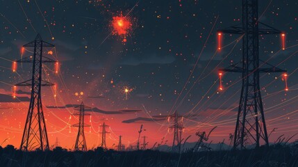Electricity transmission towers with orange glowing wires the starry night sky. Energy infrastructure concept - obrazy, fototapety, plakaty