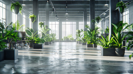Modern Indoor Greenhouse with Lush Plants, Bright and Airy Architectural Design, Botanical Style Office