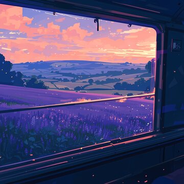 Experience the tranquility of a lavender field at sunset from an old-fashioned train carriage window. This captivating image is perfect for travel and lifestyle marketing campaigns.