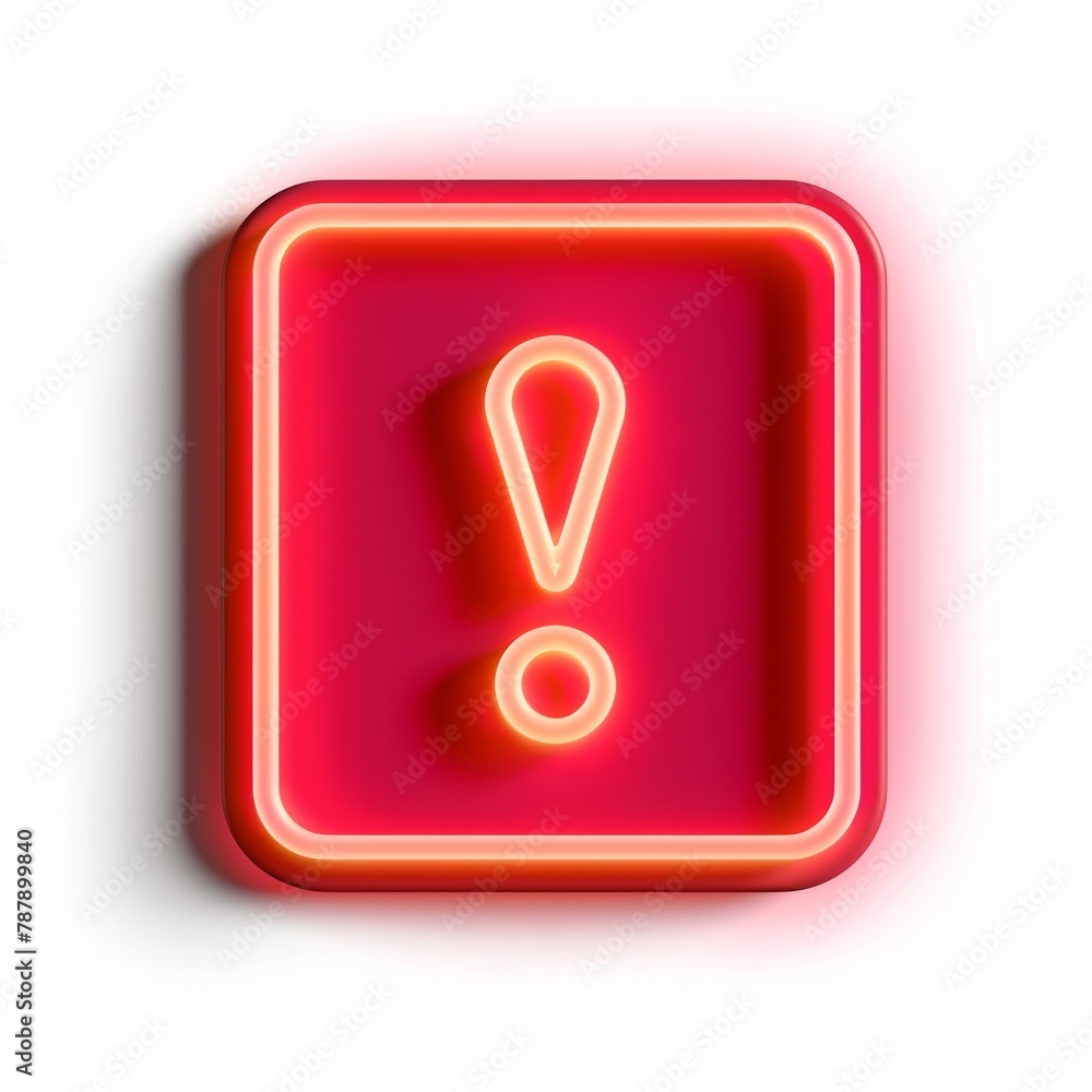 Poster design a 3d icon featuring a neon light exclamation mark within a red rounded square, illuminating a