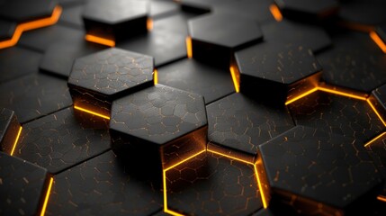 dynamic black and gold colored honeycomb abstract, hexagonal shapes forming a cutting-edge technology backdrop, vector illustration, creating an aura of luxury and innovation, AI Generative