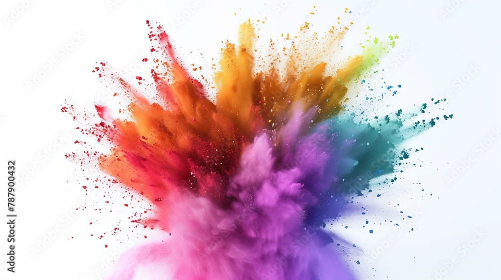 Poster hyper-realistic visualization of a rainbow-colored holi powder explosion, with each color sharply de