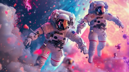 Holi in space concept, astronauts celebrating with colors in zero gravity, AI Generative - obrazy, fototapety, plakaty