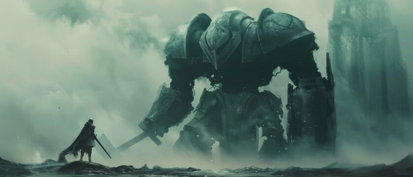 Medieval knight facing a futuristic robot in a battle of eras, AI Generative