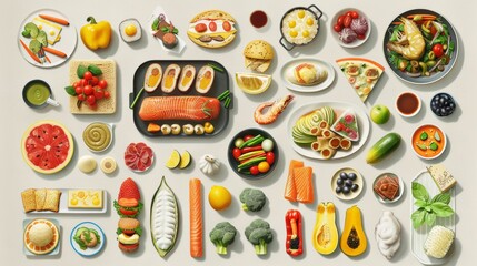 A vibrant, comprehensive array of food icons, neatly categorized by type, ranging from fast food to fresh produce, illustrating the diverse world of gastronomy