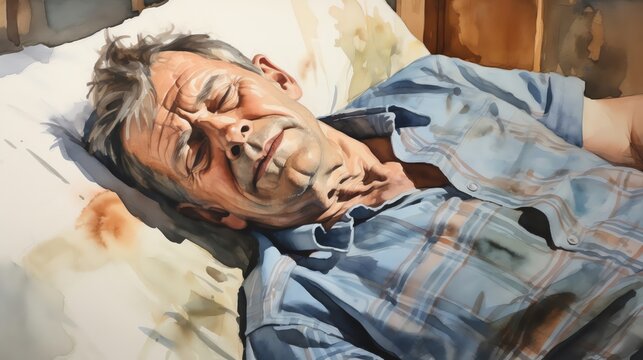 Capture the vulnerability in a watercolor painting of an injured senior man at home viewed from a tilted angle, emphasizing the sense of unease