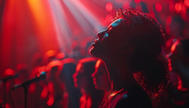 Christian concert with a choir singing hymns, their voices occasionally mingling with the ethereal tones of a seraphic choir
