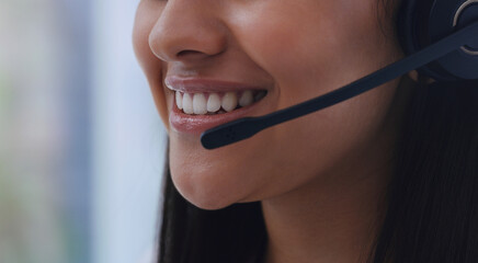 Call center, woman and happy with closeup of headset for customer support, telesales advisor and...