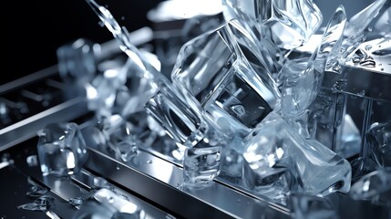 Illustrate a digital 3D rendering showcasing the intricate mechanism of a high-speed blender crushing ice cubes, emphasizing the play of light and shadow on the metallic blades