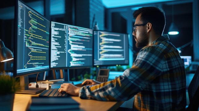 A software developer works on code late into the night, illuminated by the glow of multiple computer screens in a modern office. AIG41