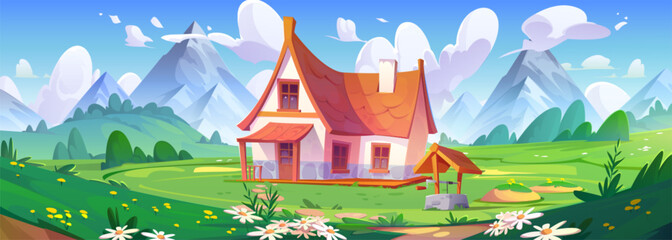 Green mountain village house with well in summer. Country home building and nature hill background. Rural environmental scene with beautiful garden area for vacation cartoon landscape illustration. - obrazy, fototapety, plakaty