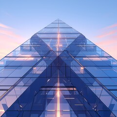 Stunning Glass Skyscraper at Sunrise with Golden Glow - Perfect for Corporate and Real Estate Marketing - obrazy, fototapety, plakaty