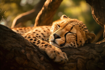 A cheetah sleeping lying on a tree in the forest. Wildlife Animals. Illustration, Generative AI.