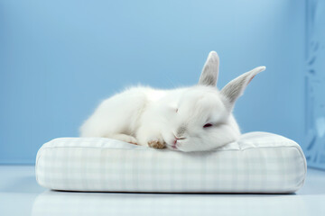 Image of cute white rabbit lying on sleeping cushion. Pet. Animals. Illustration. Generative AI.. - obrazy, fototapety, plakaty