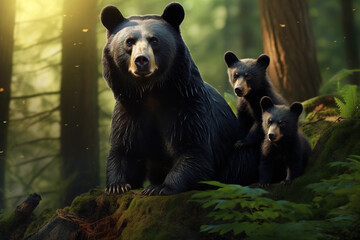 Family of an asian black bear in the forest, Mammals, Wildlife Animals. Illustration, Generative AI.