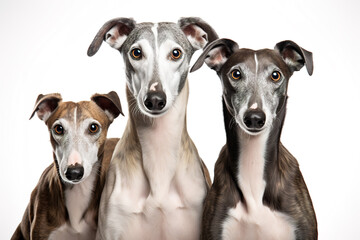 Image of family of greyhounds dog on white background. Pet. Animals. Illustration, Generative AI.