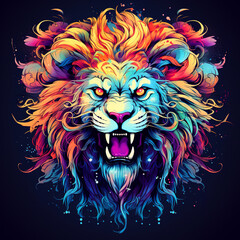 Colorful a lion head on black background. Wild Animals. Mammals. Illustration, Generative AI.