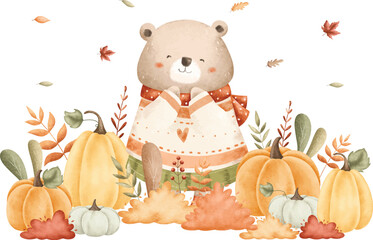 Watercolor Illustration Bear in Autumn Garden with Pumpkins and Leaves