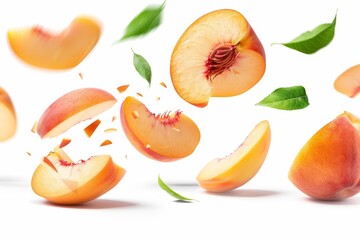 Peach slices falling on white background with leaf full depth of field
