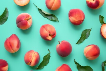 Peaches arranged on colorful surface in a flat lay