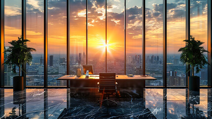 Modern Office at Sunset, Panoramic City View Through Large Windows, Elegant Interior with Minimalist Design