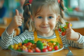Embracing Healthy Habits A Cheerful Young Girl Delighting in a Colorful, Nutritious Meal at...