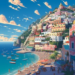 Escape to the Charming Amalfi Coast with this Illustrated View of Positano's Iconic Pastel Homes