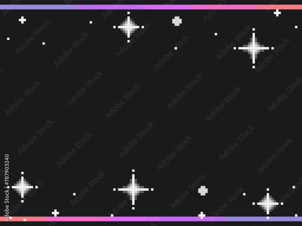 Poster black background with pink gradient lines and sparkle particles, pixel art style